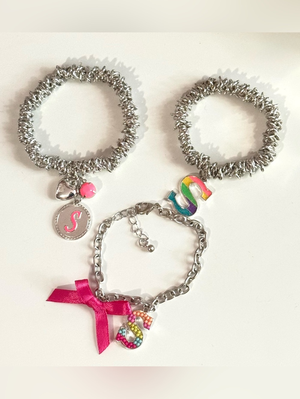 Justice Silver “S” Initial Charm Bracelets with Silver Chains Set of 3